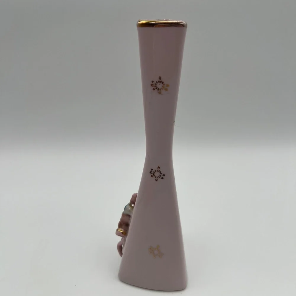Vintage pink Bud Vase 3D Applied Flowers Gold Trim Triangular Base